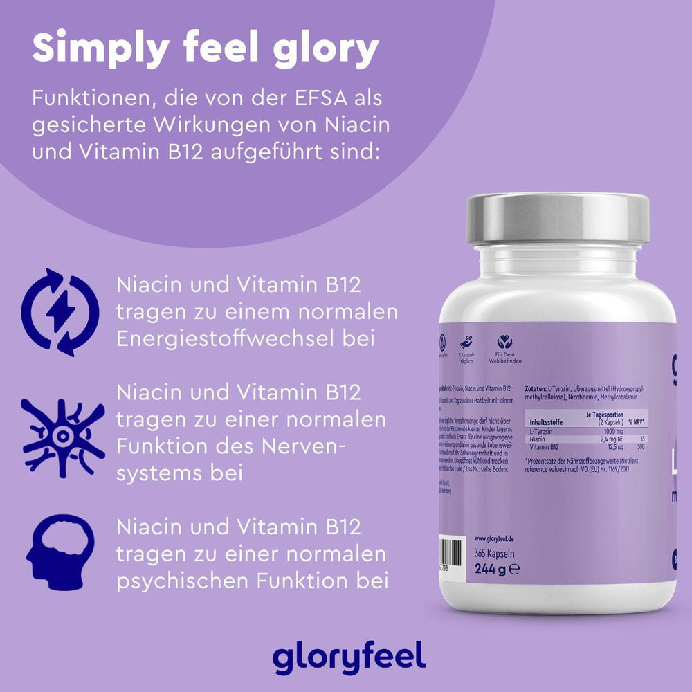 Eine violette Vitaminflasche mit der Aufschrift „L-Tyrosin Kapseln“ steht neben einem Text, der die Vorteile von Niacin und Vitamin B12 beschreibt, zusammen mit Abbildungen und deutschem Text. Unten steht der Markenname „gloryfeel GmbH“.