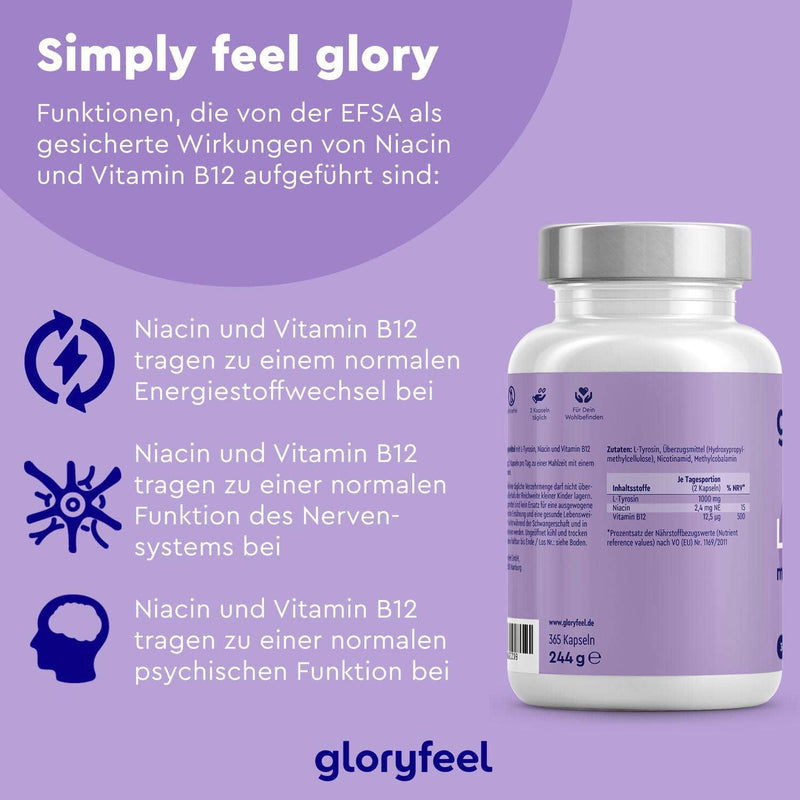 Eine violette Vitaminflasche mit der Aufschrift „L-Tyrosin Kapseln“ steht neben einem Text, der die Vorteile von Niacin und Vitamin B12 beschreibt, zusammen mit Abbildungen und deutschem Text. Unten steht der Markenname „gloryfeel GmbH“.