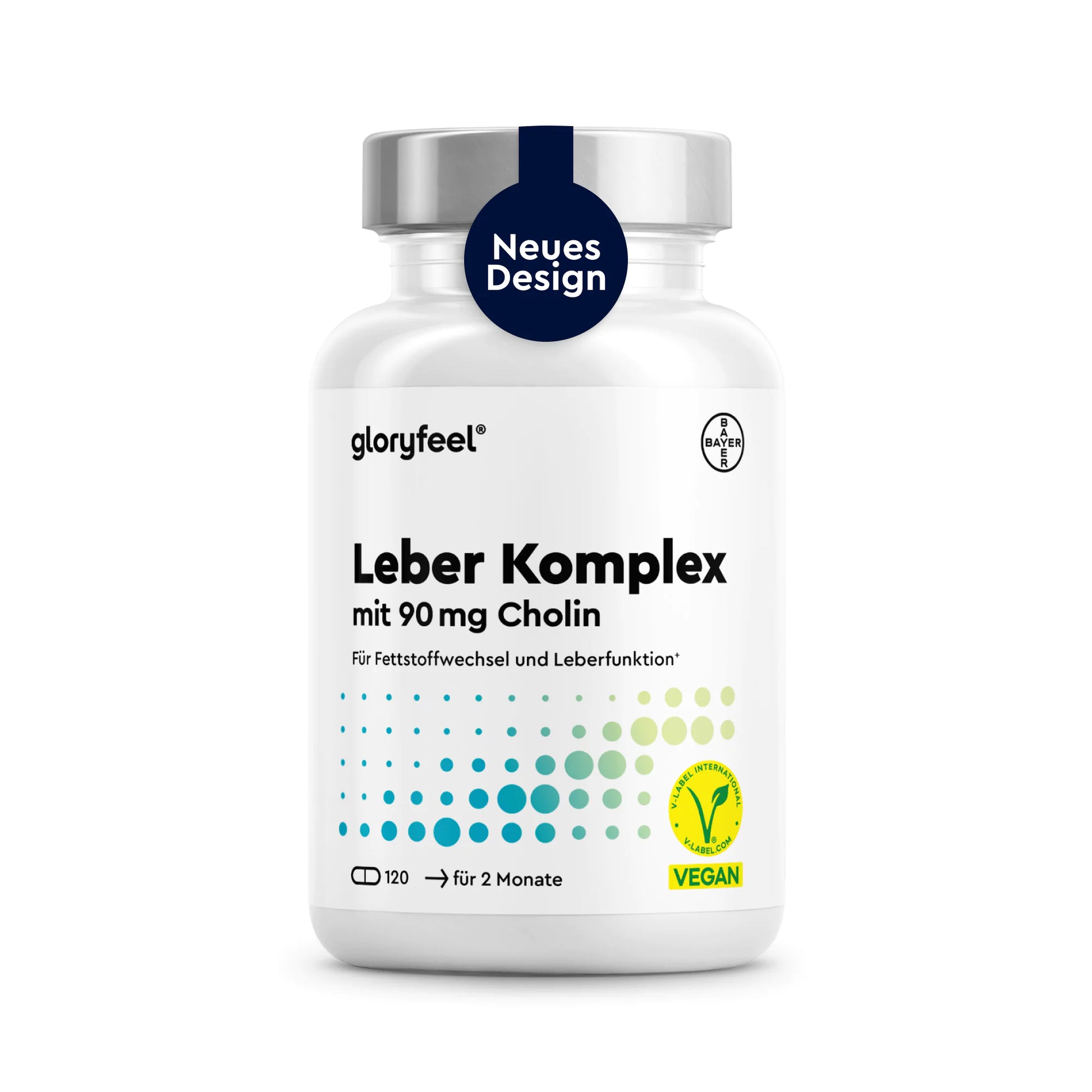 Gloryfeel Leber-Komplex-Kapseln, Flasche mit 120 veganen Kapseln à 90 mg Cholin, laut Etikett zur Unterstützung des Fettstoffwechsels und der Leberfunktion; mit der Aufschrift „neues Design“ auf dem Verschluss.