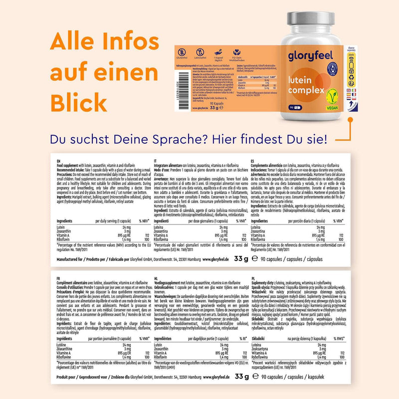 Produktetikett und Ergänzungsinformationen für Lutein-Kapseln der gloryfeel GmbH, mit mehrsprachigem Text und einem Bild der Flasche in der oberen rechten Ecke.