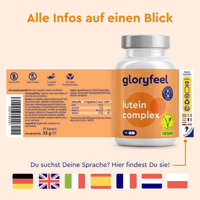 Eine Flasche Lutein Kapseln der gloryfeel GmbH mit orangefarbenem Etikett, Vegan-Symbol und Hinweisen zu Sprachen und Ernährungsmerkmalen wie gluten- und laktosefrei.