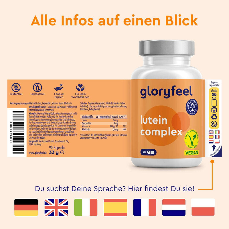 Eine Flasche Lutein Kapseln der gloryfeel GmbH mit orangefarbenem Etikett, Vegan-Symbol und Hinweisen zu Sprachen und Ernährungsmerkmalen wie gluten- und laktosefrei.
