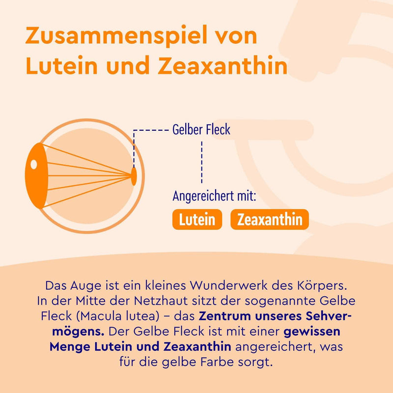 Diagramm, das den gelben Fleck des Auges hervorhebt, angereichert mit Lutein und Zeaxanthin, mit deutschem Text zu ihren Vorteilen für die Sehkraft; enthält Lutein-Kapseln von gloryfeel GmbH.