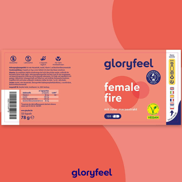 Die Verpackung des Nahrungsergänzungsmittels „Rotes Maca Kapseln“ der gloryfeel GmbH verfügt über eine vegane Kennzeichnung und Angaben in deutscher Sprache.