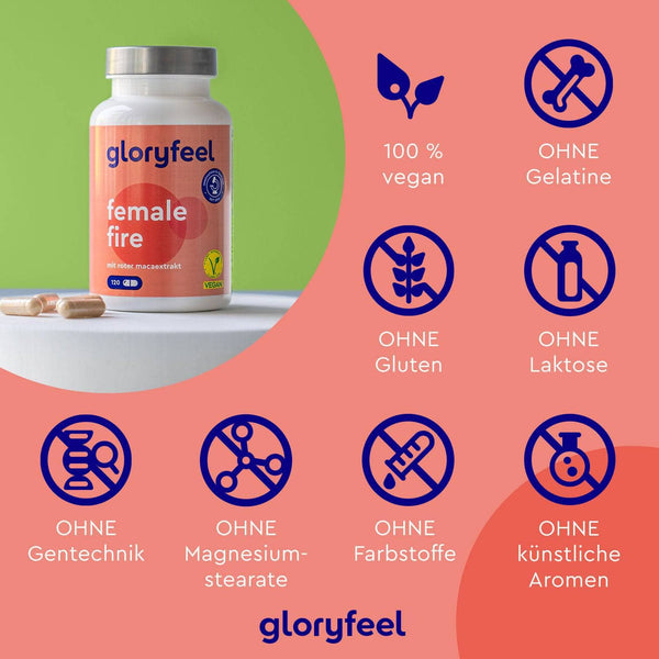 Ausgestellt ist eine Flasche „Rotes Maca Kapseln“ der gloryfeel GmbH. Symbole weisen darauf hin, dass die Kapseln vegan und frei von Gelatine, Gluten, Laktose, Gentechnik, Magnesiumstearat sowie künstlichen Farb- und Aromastoffen sind.