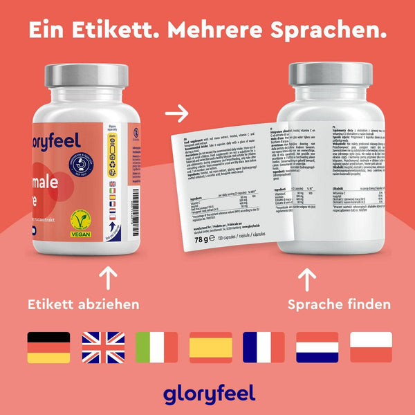 Zwei Flaschen „Rotes Maca Kapseln“ der gloryfeel GmbH verfügen über abnehmbare, mehrsprachige Etiketten mit Flaggenanzeigen für die Sprachauswahl. Ein orangefarbener Hintergrund zeigt den deutschen Text an und erleichtert so den Zugriff auf Informationen.