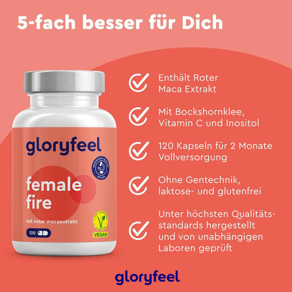 Ein Produktbild der „Roten Maca Kapseln“ der gloryfeel GmbH hebt Vorteile wie roten Maca-Extrakt, vegane Zusammensetzung und qualitätsgeprüfte Aussagen hervor.