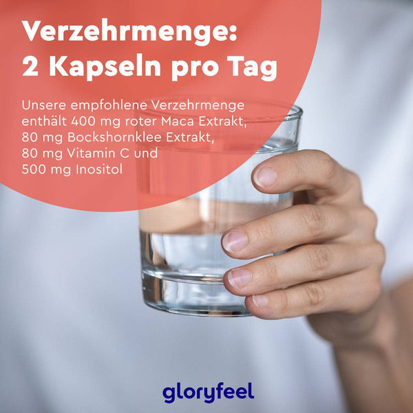 Eine Hand hält ein Glas Wasser. Text lautet: „Verzehrmenge: 2 Kapseln pro Tag“ mit Details zu Rotes Maca Kapseln. Unten wird der Markenname Gloryfeel GmbH angezeigt.