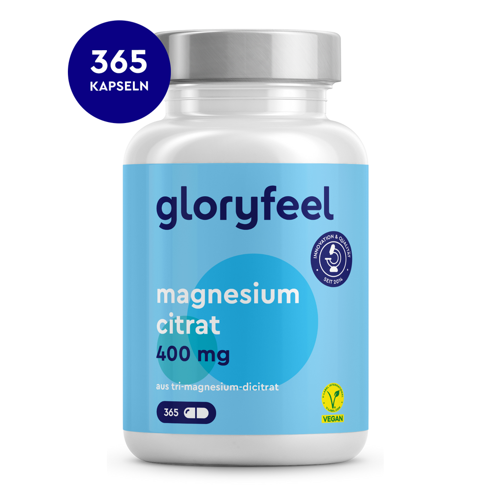 Vorderansicht einer Flasche Magnesium Citrat Kapseln 400 mg der gloryfeel GmbH mit der Aufschrift „vegan“ und 365 Kapseln im weiß-blauen Design.