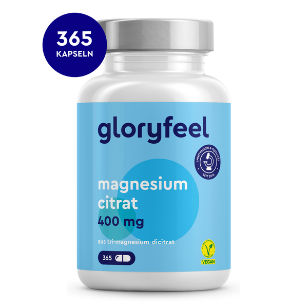 Vorderansicht einer Flasche Magnesium Citrat Kapseln 400 mg der gloryfeel GmbH mit der Aufschrift „vegan“ und 365 Kapseln im weiß-blauen Design.