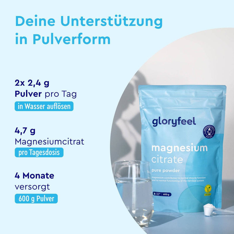 Eine Packung Magnesium Citrat Pulver der gloryfeel GmbH steht neben einem Glas Wasser. Der deutsche Text hebt die schnelle Magnesiumaufnahme, die Dosierungshinweise, den täglichen Magnesiumgehalt und den 4-Monats-Vorrat hervor.