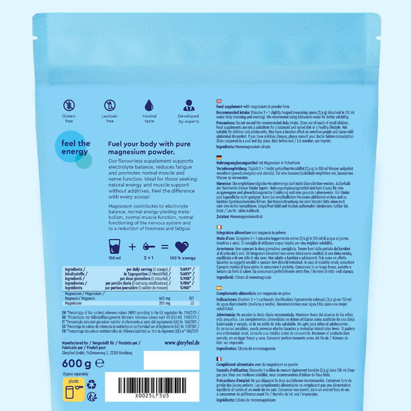 Auf der Rückseite einer blauen Magnesium Citrat Pulver-Verpackung der gloryfeel GmbH sind Nährwertangaben, Zutaten, Gebrauchsanweisungen, Angaben zu Energie und Muskeln sowie mehrsprachiger Text zu finden.