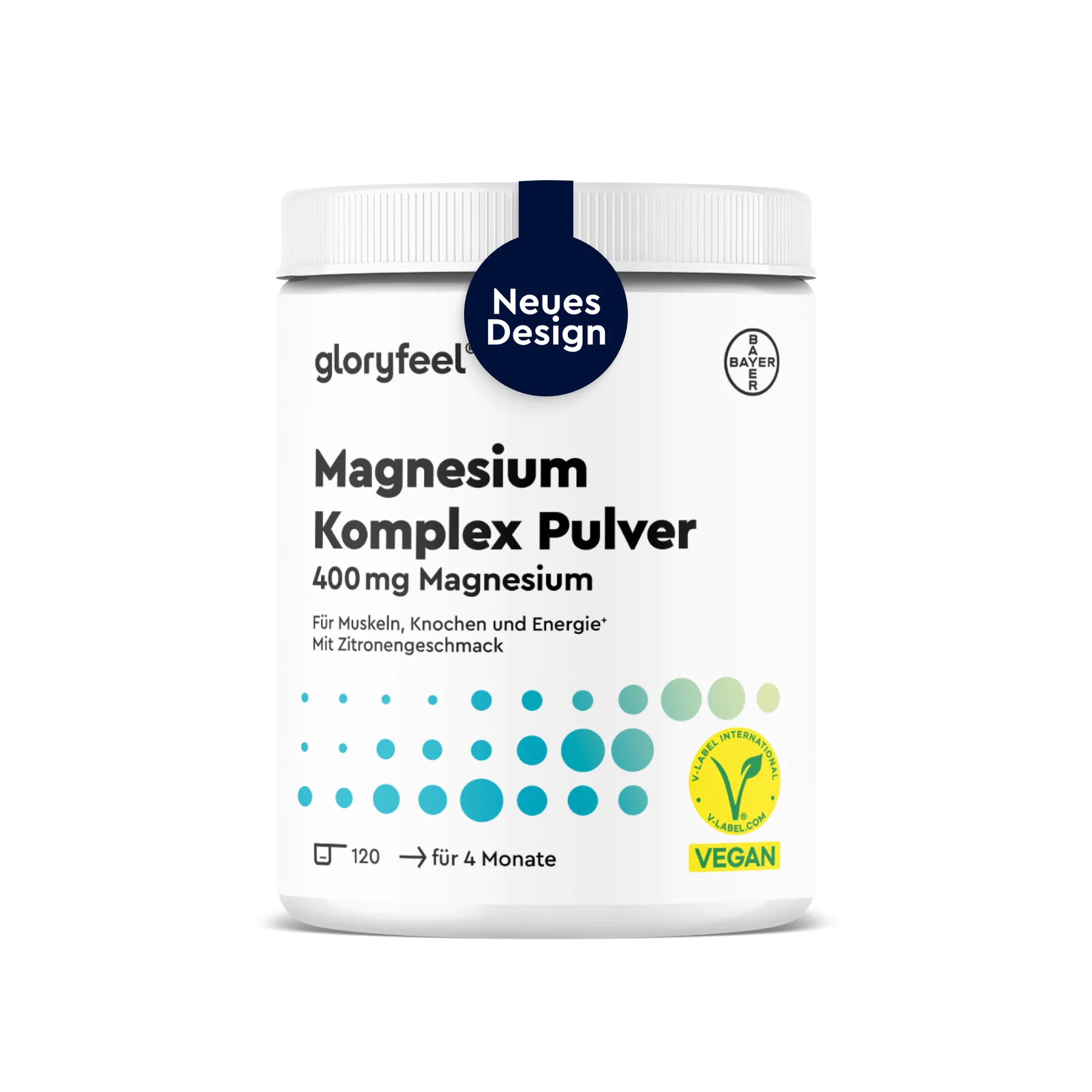 Eine weiße Dose mit GLORYFEEL Magnesium-Komplex Zitrone Pulver, 400 mg, 120 Portionen, Zitronengeschmack, vegan, zur Unterstützung von Muskeln, Knochen und Energie. Das Etikett ist mit einem blau-grünen Punktmuster verziert.