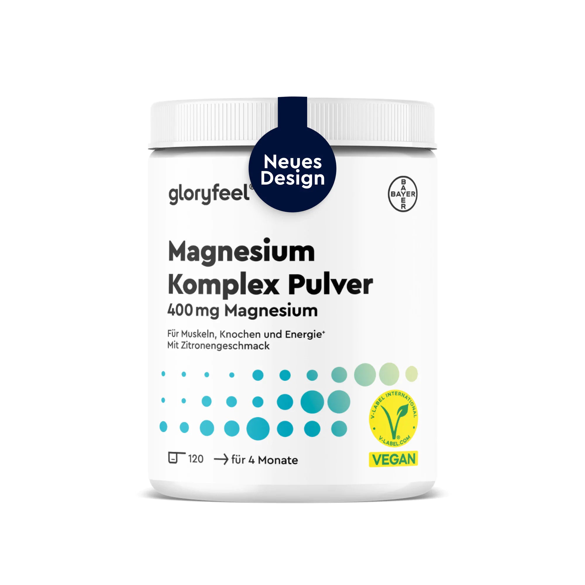 Eine weiße Dose mit GLORYFEEL Magnesium-Komplex Zitrone Pulver, 400 mg, 120 Portionen, Zitronengeschmack, vegan, zur Unterstützung von Muskeln, Knochen und Energie. Das Etikett ist mit einem blau-grünen Punktmuster verziert.