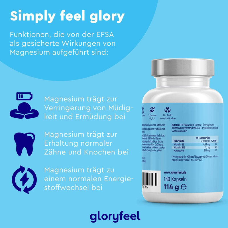 Eine blau-weiße Flasche mit Magnesiumpräparaten und der Aufschrift „gloryfeel GmbH“ mit Symbolen, die Vorteile wie verringerte Müdigkeit und Energieunterstützung beschreiben, verfügt über einen deutschen Text mit Produktdetails und Anwendungsinformationen und wird als Magnesium Plus Kapseln vermarktet.