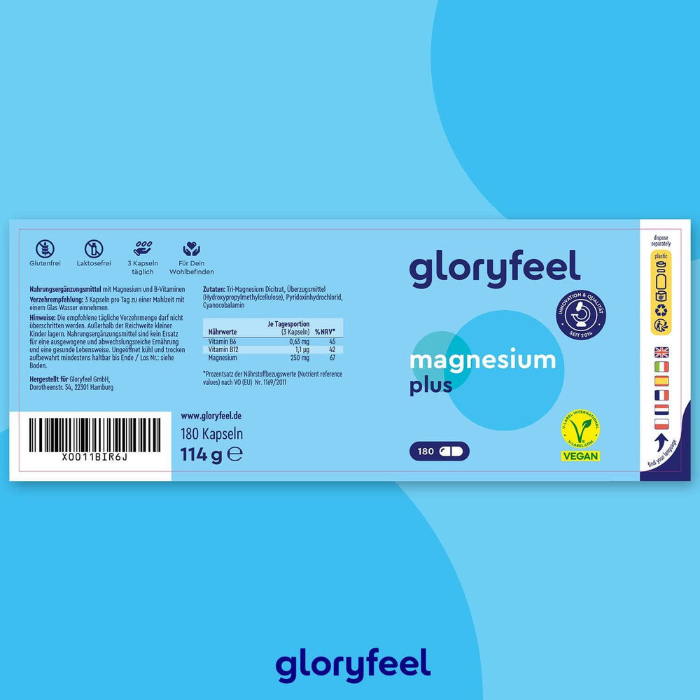 Die Gloryfeel Magnesium Plus Kapseln, 180 Stück (114g), verfügen über ein blau-weißes Verpackungsetikett, das Nährwertangaben, eine Vegan-Zertifizierung und Kontaktinformationen der gloryfeel GmbH enthält.