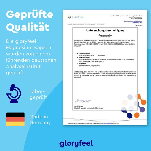Das von einem deutschen Institut geprüfte Analysezertifikat von Eurofins für die Magnesium Plus Kapseln der gloryfeel GmbH trägt die Aufschrift „Laborgeprüft“ und „Made in Germany“.
