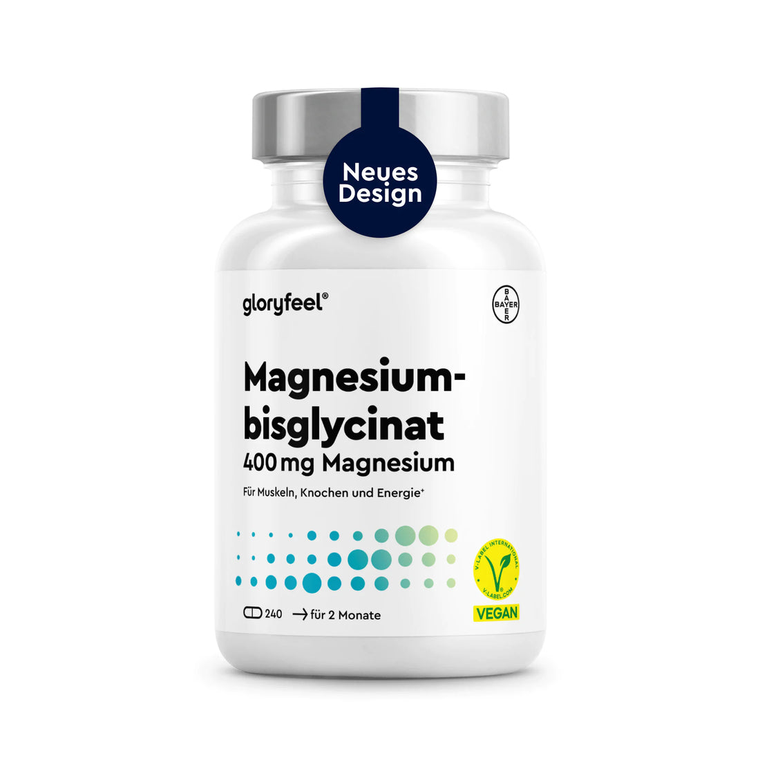Eine weiße Flasche mit der Aufschrift „Magnesiumbisglycinat Kapseln“ von GLORYFEEL, mit Vegan-Zertifizierung und einem „New Design“-Siegel. Enthält 240 Kapseln für 2 Monate.