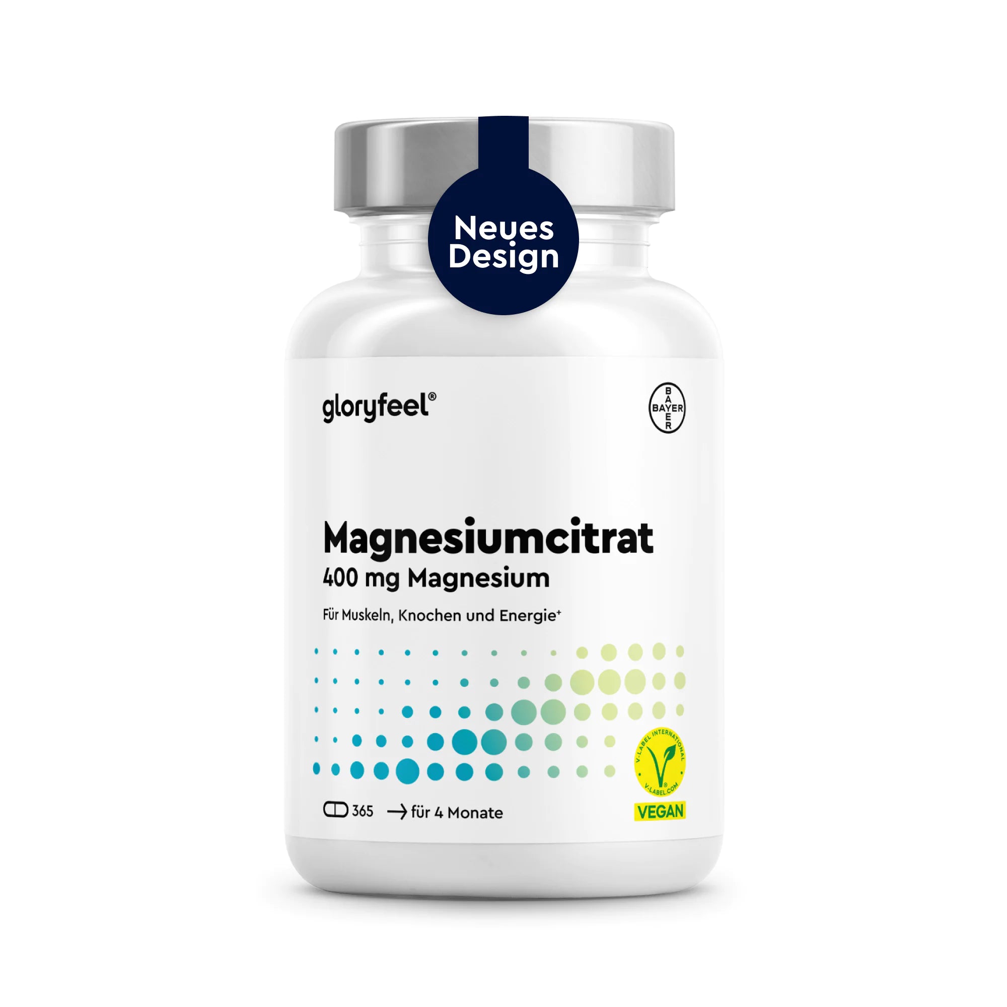 Eine weiße Flasche mit der Aufschrift „Magnesiumcitrat-Kapseln“ von GLORYFEEL, versehen mit Symbolen für „vegan“ und „4-Monats-Vorrat“ sowie einem Aufkleber mit der Aufschrift „Neues Design“ auf dem Deckel.