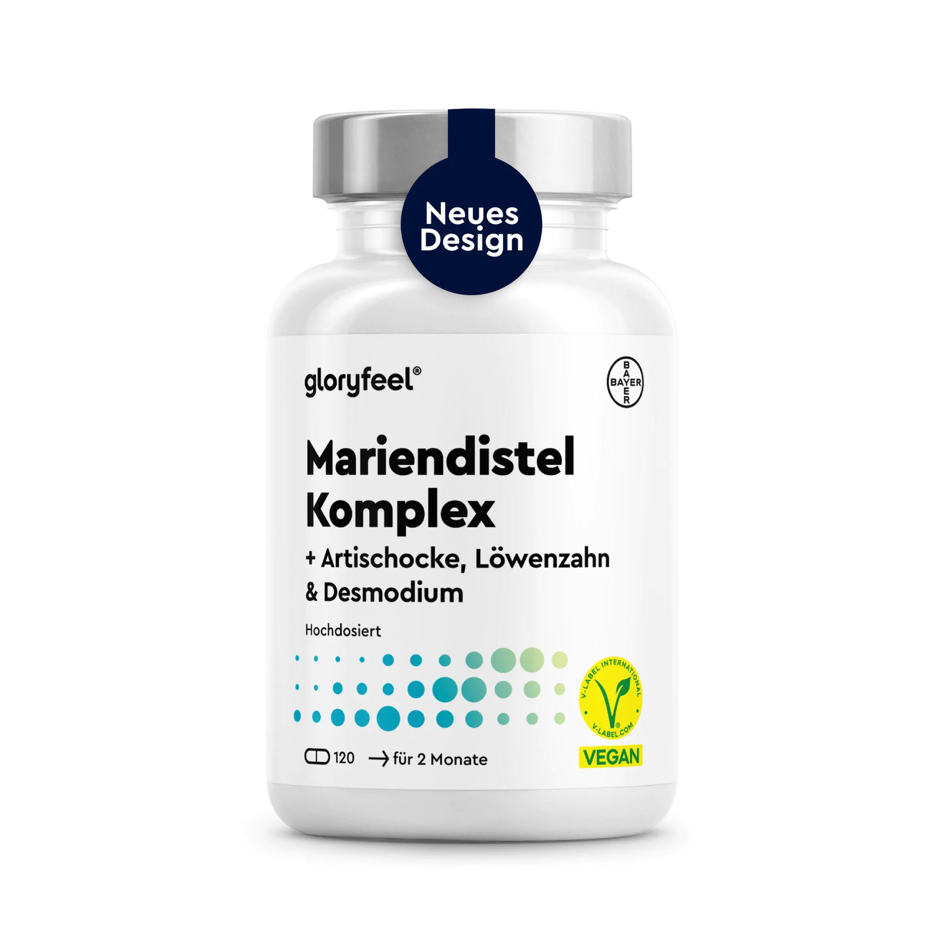 Eine weiße Flasche mit der Aufschrift „Mariendistel Komplex Kapseln“ von GLORYFEEL, versehen mit Symbolen für vegane Produkte und Nahrungsergänzungsmittel, mit einem blauen Etikett oben, auf dem „Neues Design“ steht.
