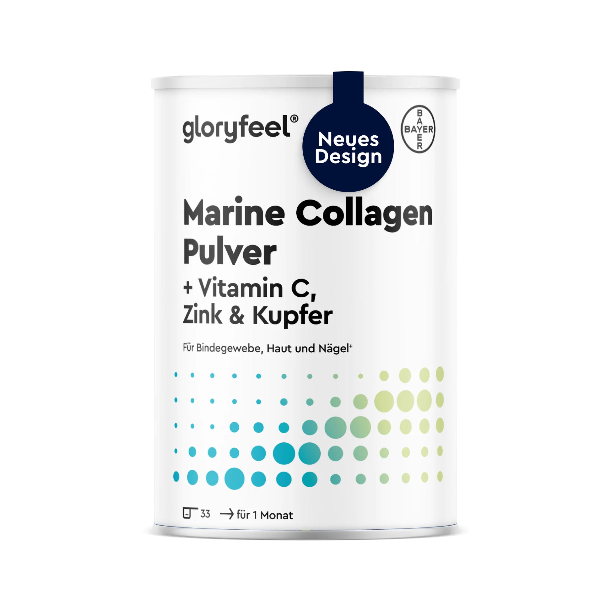 Eine weiße Dose „Gloryfeel Marine Collagen Pulver“ mit Vitamin C, Zink und Kupfer ist mit einem blauen „Neues Design“-Aufkleber und einem grün-blauen Punktmuster am unteren Rand versehen.