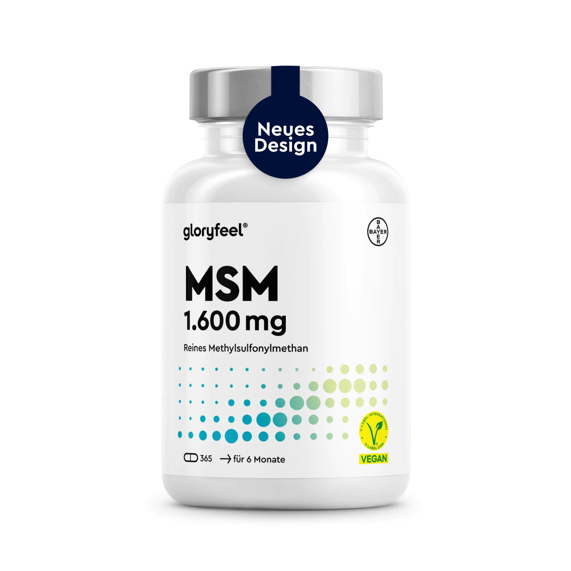 Weiße Flasche mit dem Nahrungsergänzungsmittel GLORYFEEL MSM 365 Kapseln, versehen mit einem blauen „Neues Design“-Etikett, dem Vegan-Symbol und einem bunten Punktmuster auf der Vorderseite.
