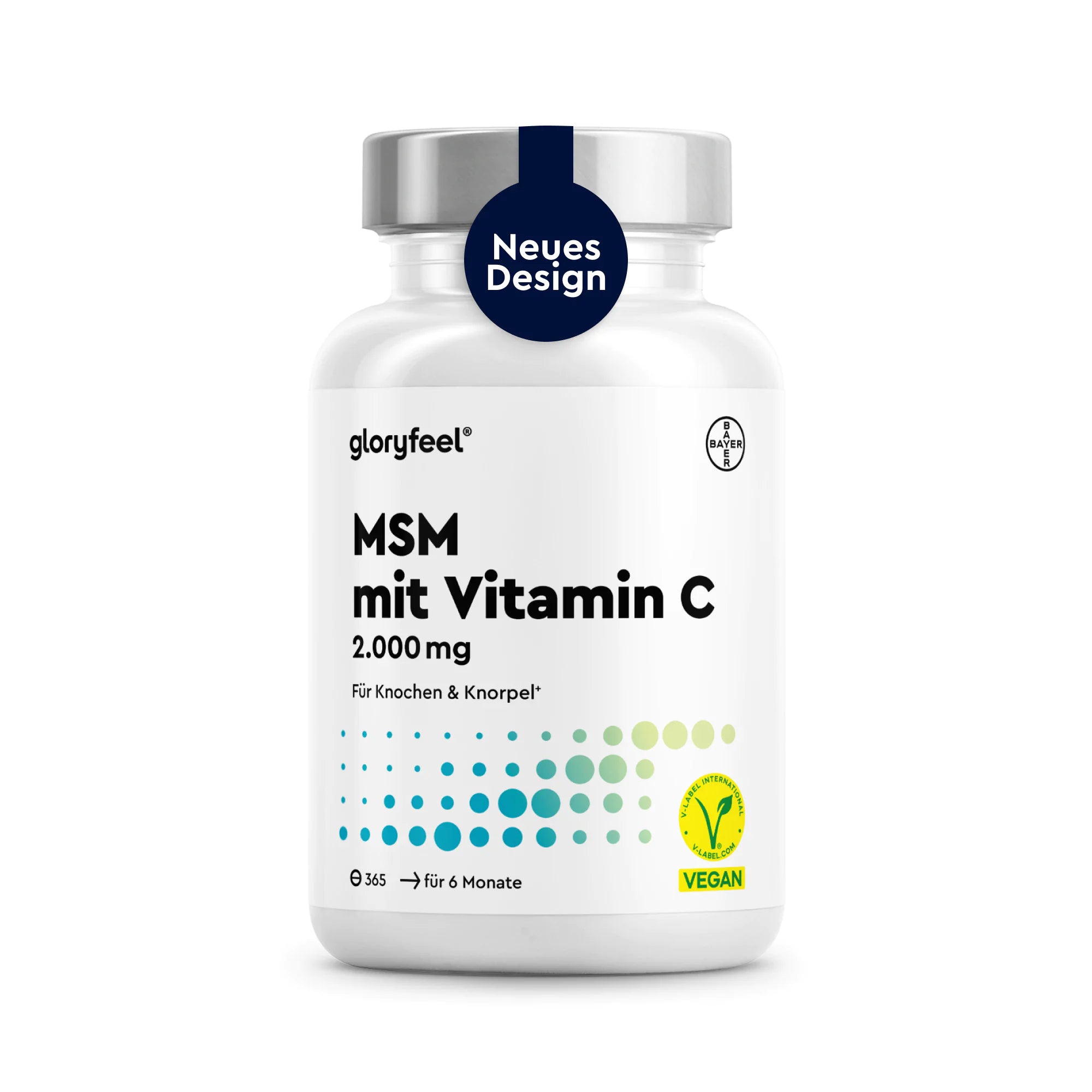 Weiße Flasche mit der Aufschrift „MSM 365 + Vitamin C Tabletten“ von GLORYFEEL, mit Symbolen für „vegan“ und „Vorrat für 6 Monate“ sowie einem blauen „Neues Design“-Aufkleber auf dem Deckel.