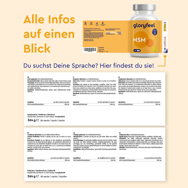 Die Verpackung der MSM Kapseln von gloryfeel GmbH enthält ein Produktinfo-Blatt in Deutsch, Englisch und Spanisch mit Hinweisen zu organischem Schwefel.