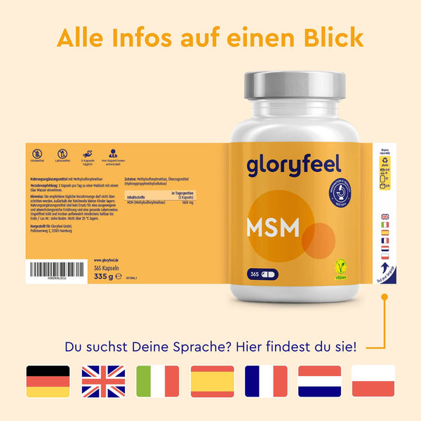 Eine Flasche gloryfeel GmbH MSM Kapseln mit deutschem Etikett, Länderflaggen und einer Sprachauswahlaufforderung, die auf das vegane Nahrungsergänzungsmittel mit Bio-Schwefel hinweist.