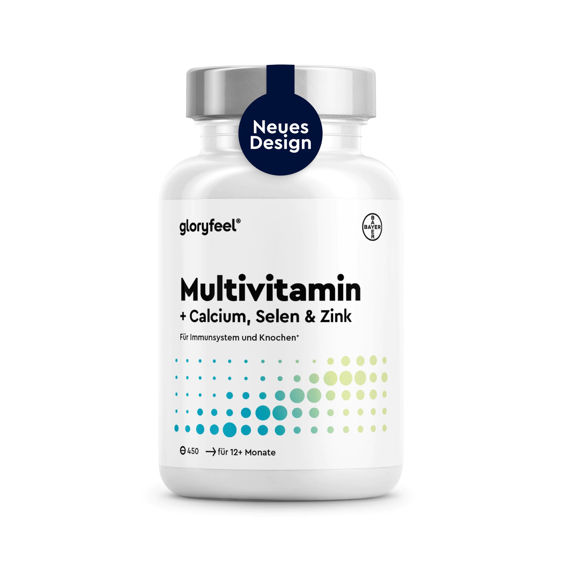 Eine weiße Flasche mit der Aufschrift „Multivitamin Tabletten“ von gloryfeel, versehen mit einem blauen Aufkleber mit der Aufschrift „Neues Design“ und einem Punktmuster am unteren Rand.