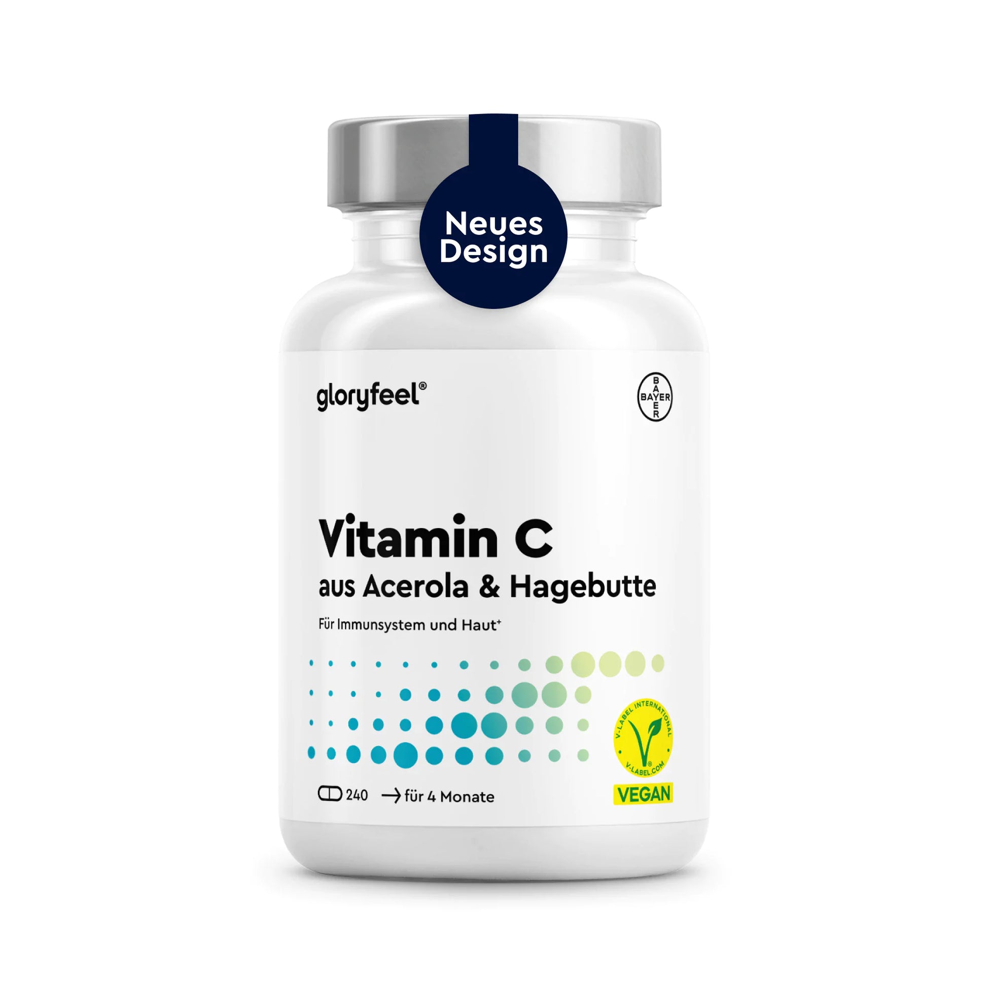 Eine weiße Flasche „gloryfeel Natürliches Vitamin C Kapseln“ mit einem Etikett im neuen Design und einem Vegan-Symbol, Inhalt: 240 Kapseln; der deutsche Text hebt die Unterstützung des Immunsystems und der Haut hervor.