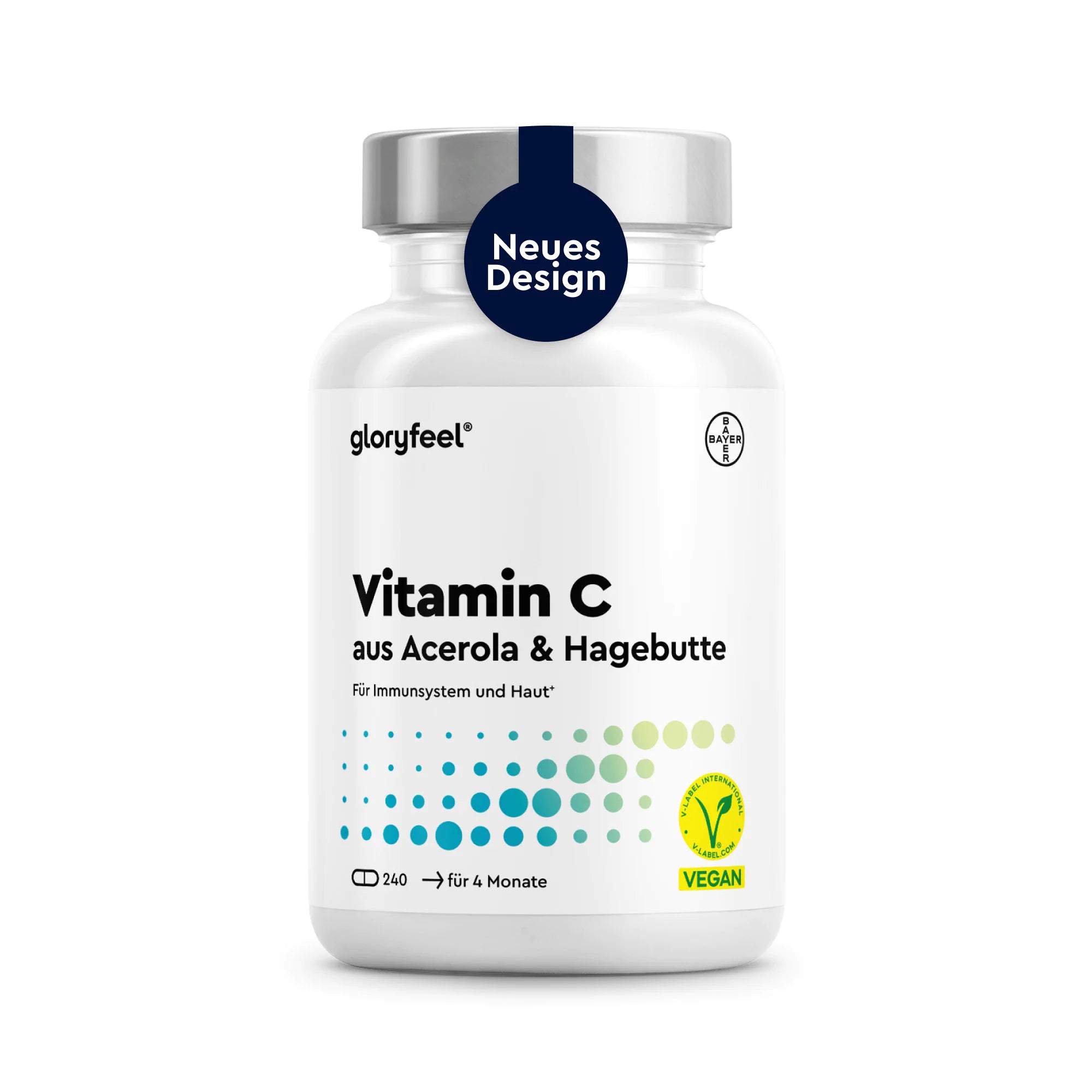 Eine weiße Flasche „gloryfeel Natürliches Vitamin C Kapseln“ mit einem Etikett im neuen Design und einem Vegan-Symbol, Inhalt: 240 Kapseln; der deutsche Text hebt die Unterstützung des Immunsystems und der Haut hervor.