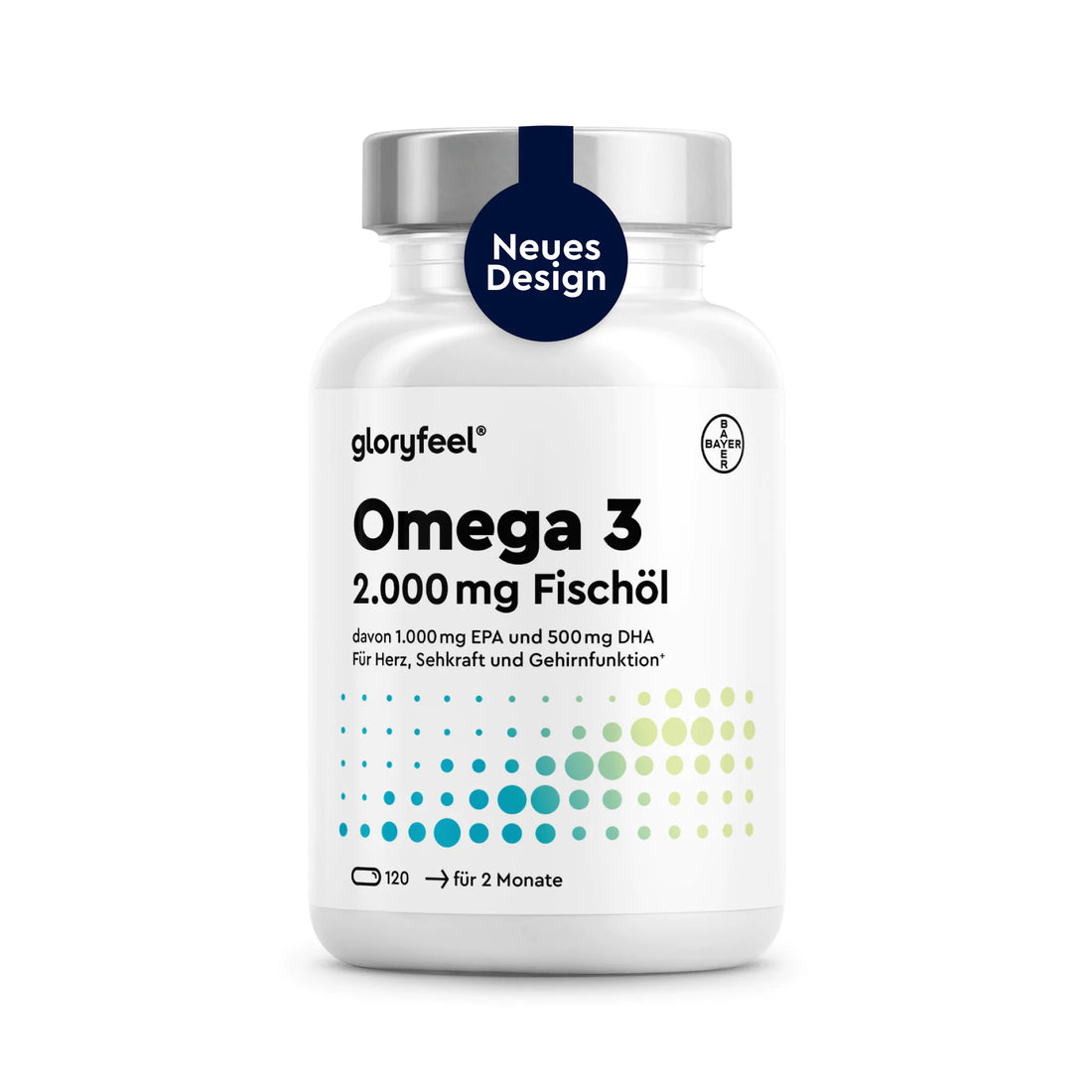 Eine weiße Flasche GLORYFEEL Omega-3-2.000-mg-Kapseln mit 120 Kapseln, mit einer Beschriftung auf dem Etikett und einem blauen Aufkleber mit der Aufschrift „Neues Design“ auf dem Verschluss.