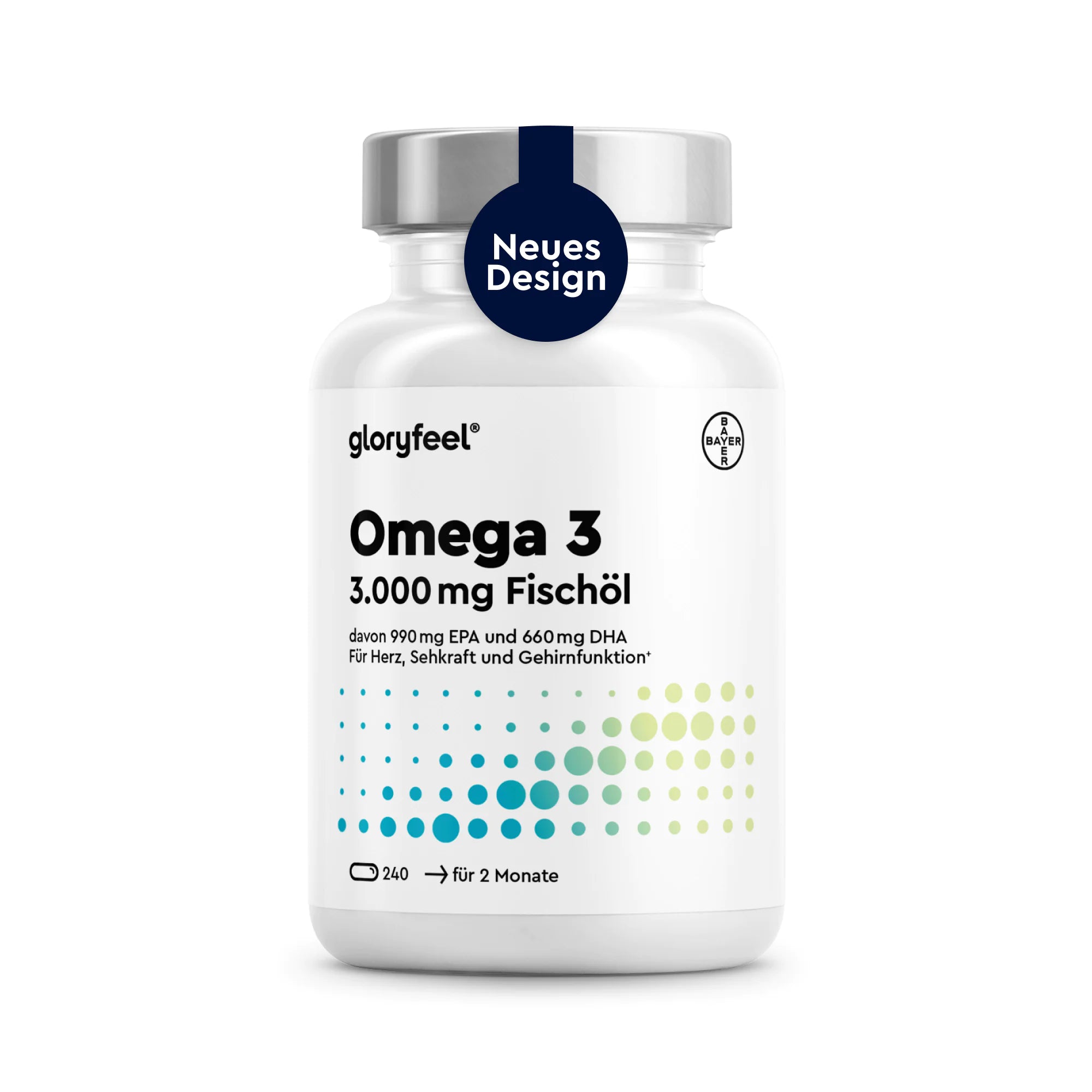 Eine weiße Flasche GLORYFEEL Omega 3 mit 3.000 Kapseln, die 240 Kapseln für einen Vorrat von zwei Monaten enthält und laut Etikett die Herz-, Seh- und Gehirnfunktion unterstützt.