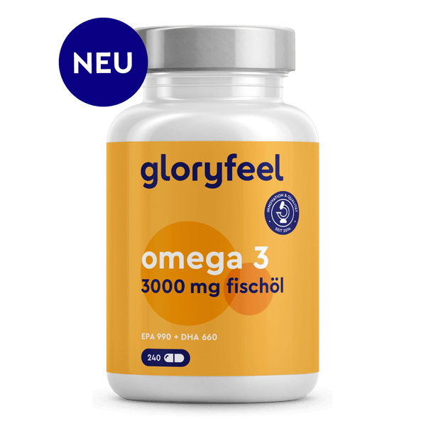 Die Omega 3 66/44 Kapseln der gloryfeel GmbH enthalten 240 Kapseln mit einer wirksamen Dosierung von 3000 mg Omega-3-Fettsäuren, darunter DHA und EPA. Sie sind mit dem Gütesiegel „NEU“ gekennzeichnet.