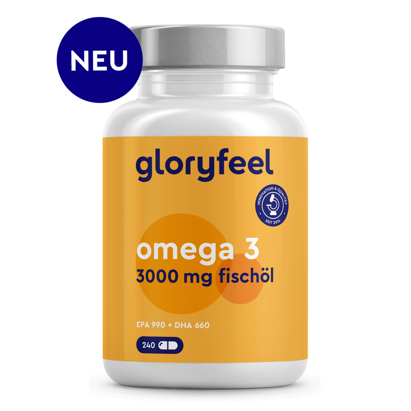 Die Omega 3 66/44 Kapseln der gloryfeel GmbH enthalten 240 Kapseln mit einer wirksamen Dosierung von 3000 mg Omega-3-Fettsäuren, darunter DHA und EPA. Sie sind mit dem Gütesiegel „NEU“ gekennzeichnet.