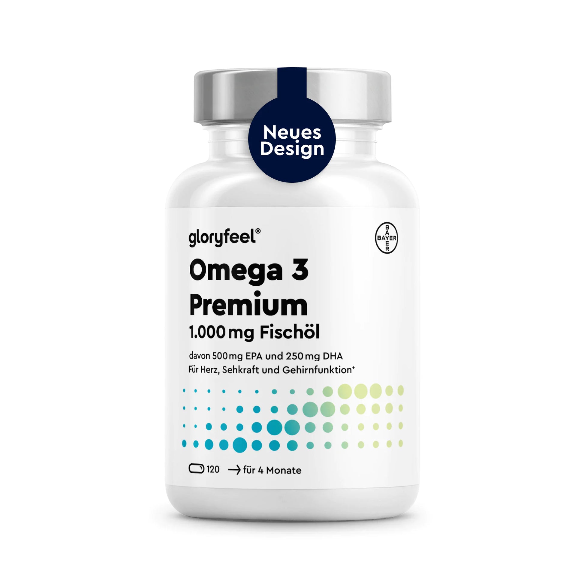 Weiße Flasche mit der Aufschrift „GLORYFEEL Omega-3-Premium-Kapseln“, blauem Verschluss und einem Etikett mit der Aufschrift „Neues Design“, gefüllt mit 120 Kapseln für vier Monate.