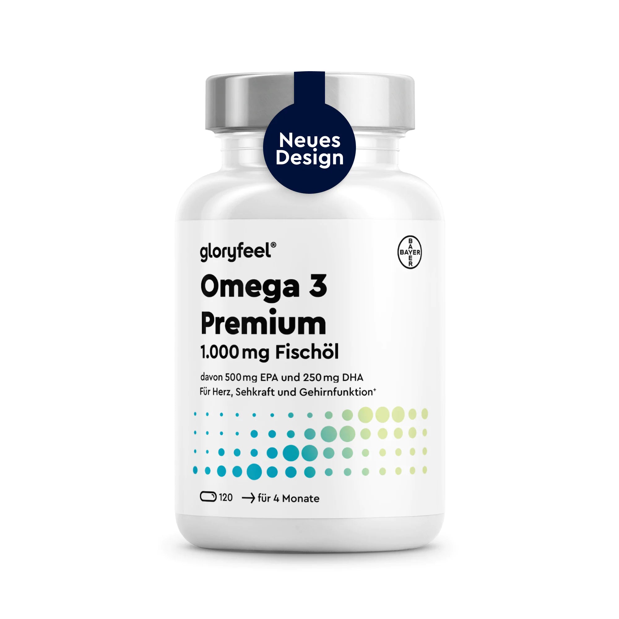 Weiße Flasche mit der Aufschrift „GLORYFEEL Omega-3-Premium-Kapseln“, blauem Verschluss und einem Etikett mit der Aufschrift „Neues Design“, gefüllt mit 120 Kapseln für vier Monate.