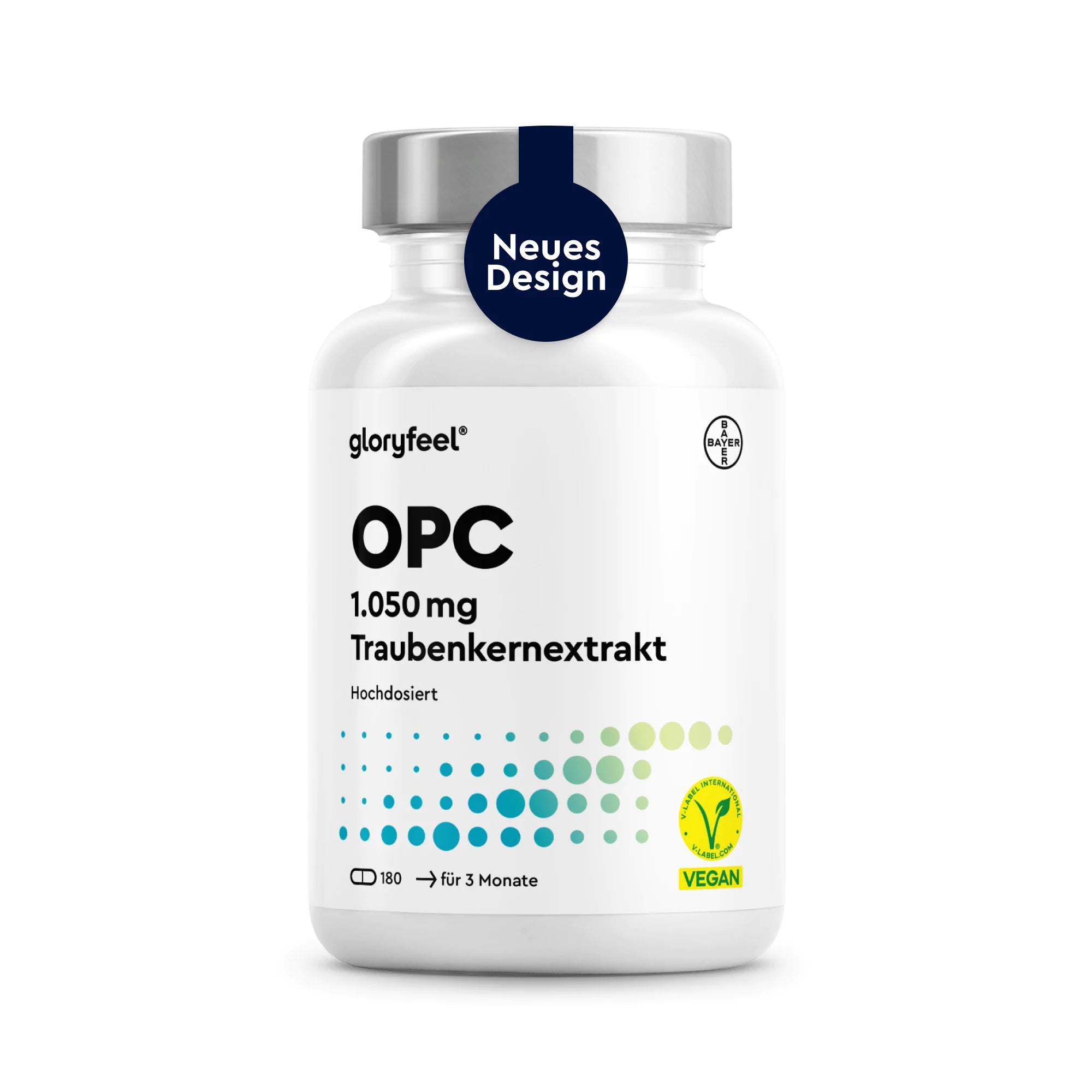 Eine weiße Flasche mit der Aufschrift „Premium OPC 180 Kapseln“ von GLORYFEEL, die 180 vegane Kapseln enthält und auf deren Deckel ein blaues Etikett mit der Aufschrift „Neues Design“ angebracht ist.