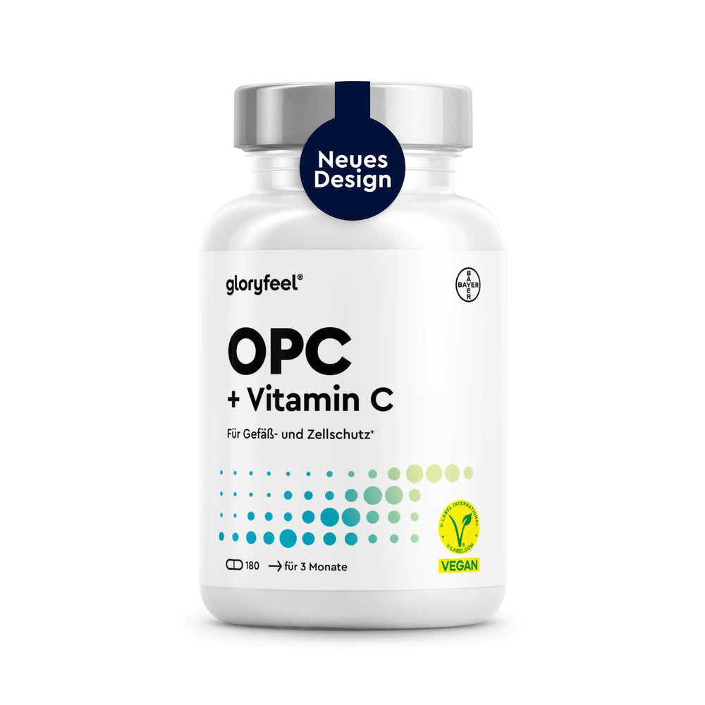 Eine weiße Flasche mit der Aufschrift „OPC Traubenkernextrakt + Vitamin-C-Kapseln“ von GLORYFEEL, die 180 Kapseln enthält, mit einem Vegan-Symbol und einem Aufkleber mit der Aufschrift „Neues Design“ auf dem Deckel.