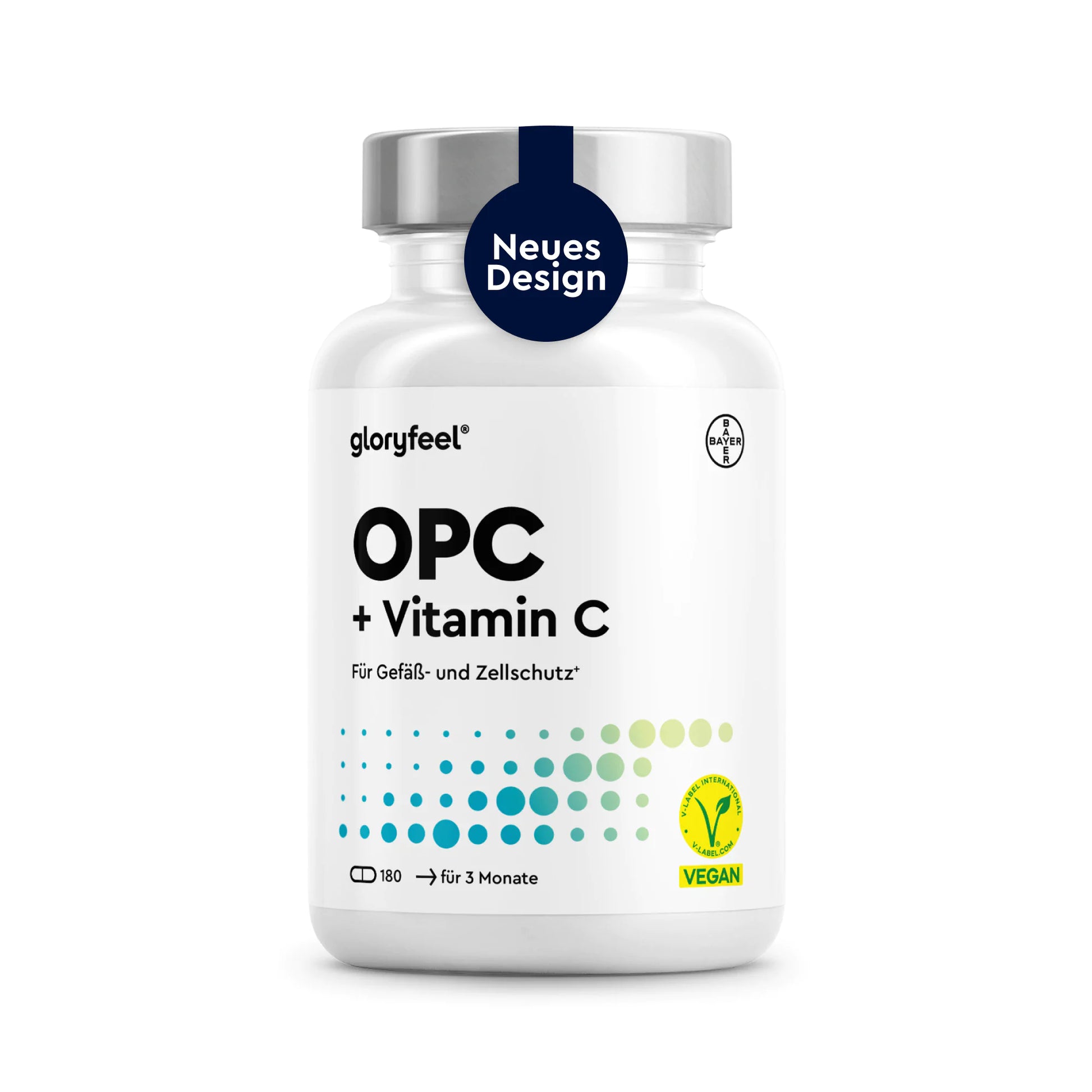 Eine weiße Flasche mit der Aufschrift „OPC Traubenkernextrakt + Vitamin-C-Kapseln“ von GLORYFEEL, die 180 Kapseln enthält, mit einem Vegan-Symbol und einem Aufkleber mit der Aufschrift „Neues Design“ auf dem Deckel.