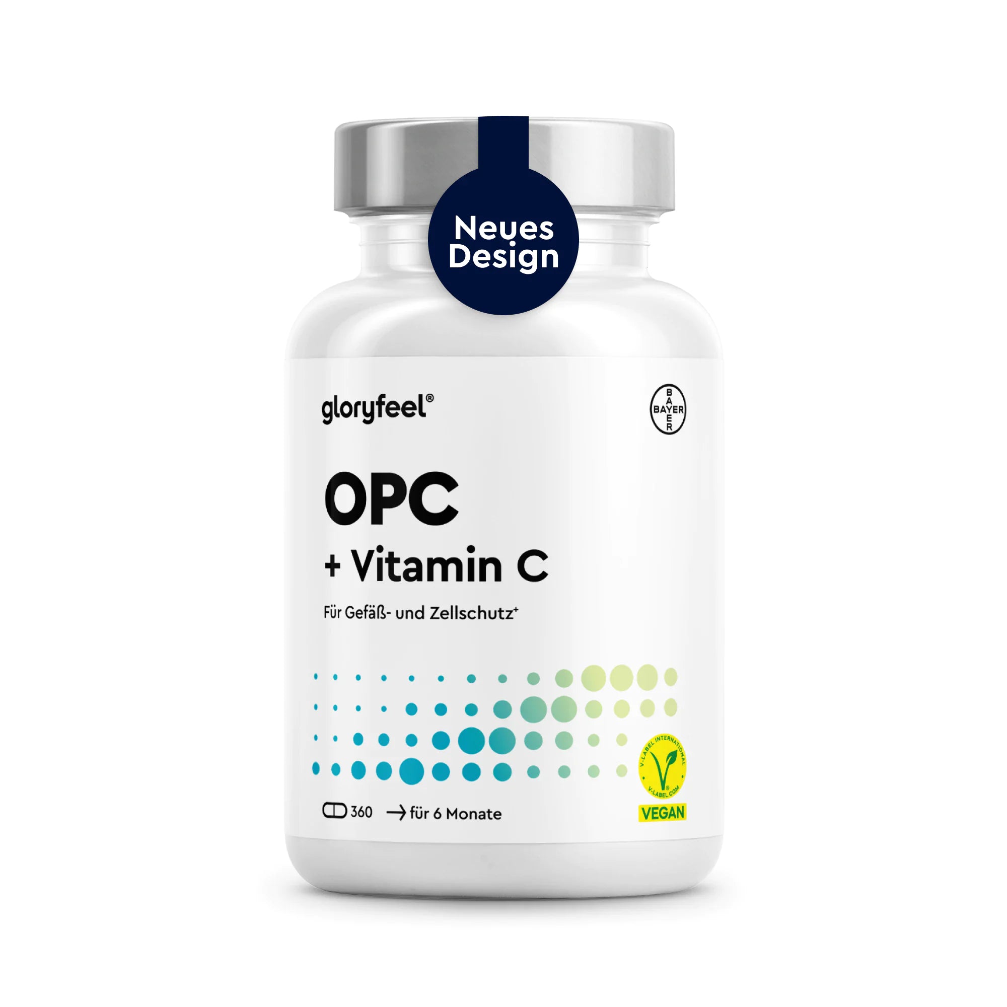 Eine weiße Flasche mit der Aufschrift „GLORYFEEL OPC Traubenkernextrakt + Vitamin-C-Kapseln“, die 360 vegane Kapseln enthält, mit einem Vegan-Symbol und einem blauen Aufkleber auf dem Deckel, auf dem „Neues Design“ steht.