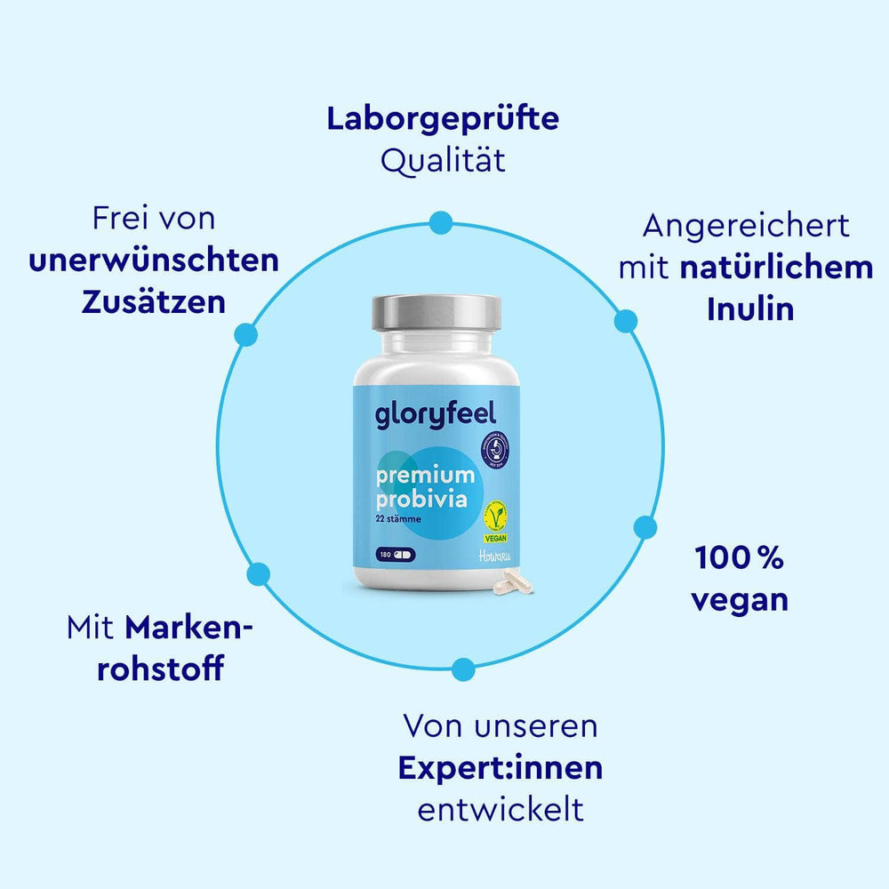 Abgebildet ist eine Flasche Probivia HOWARU® Kapseln der gloryfeel GmbH, die sich durch laborgeprüfte Qualität, keine unerwünschten Zusatzstoffe, natürliches Inulin für die Darmflora, vegane Rezeptur mit lebenden Bakterienstämmen, markengeschützte Inhaltsstoffe und kompetente Entwicklung auszeichnet.