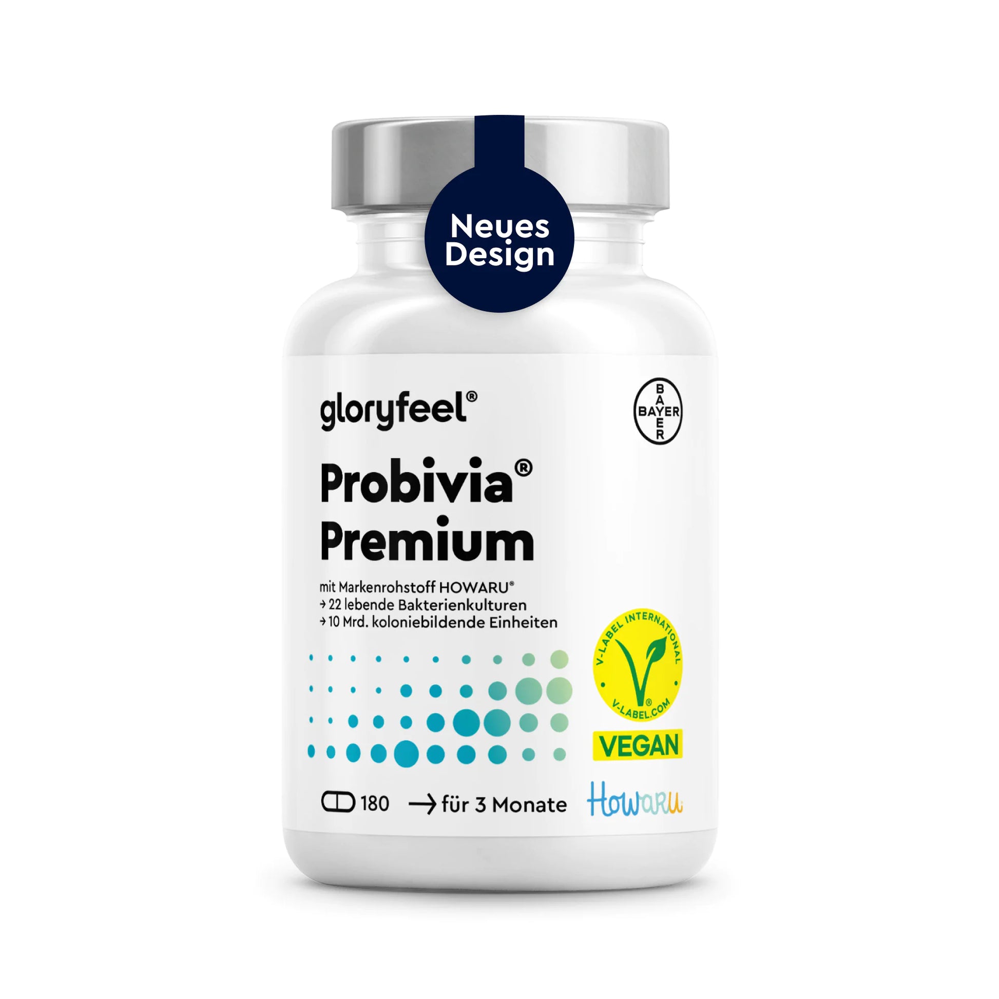 Eine weiße Flasche mit der Aufschrift „Probivia Premium Kapseln“ von GLORYFEEL, auf der eine vegane Zertifizierung sowie die Angabe von 21 probiotischen Kulturen für 3 Monate zu sehen sind, mit einem Aufkleber „Neues Design“ auf dem Deckel.