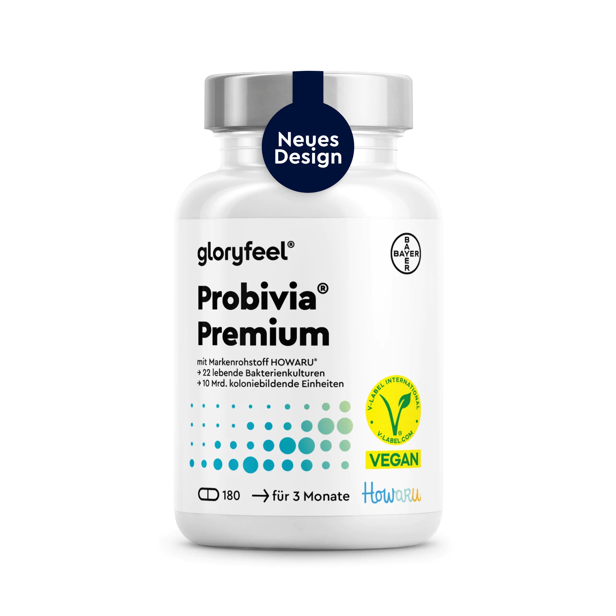 Eine weiße Flasche mit der Aufschrift „Probivia Premium Kapseln“ von GLORYFEEL, auf der eine vegane Zertifizierung sowie die Angabe von 21 probiotischen Kulturen für 3 Monate zu sehen sind, mit einem Aufkleber „Neues Design“ auf dem Deckel.