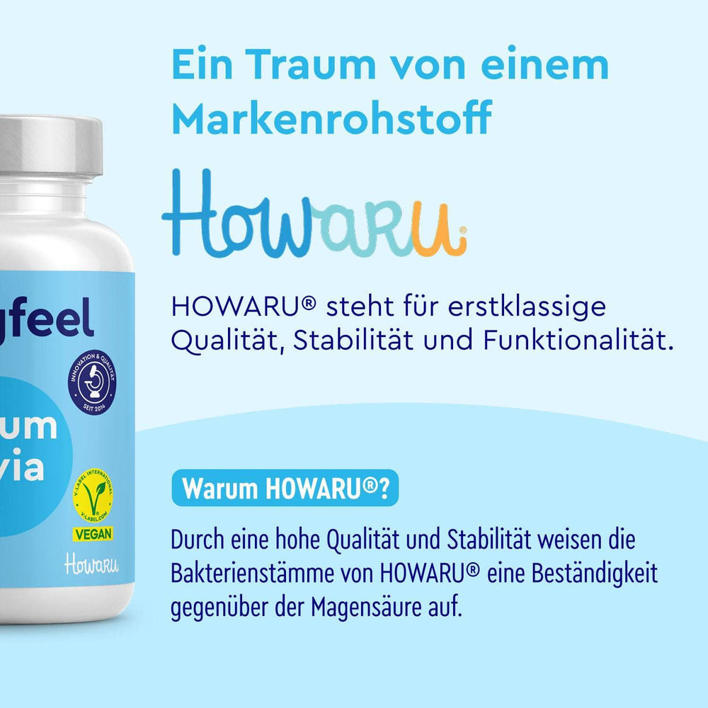 Eine Flasche mit der Aufschrift Probivia HOWARU® Kapseln&quot; der gloryfeel GmbH ist neben einem deutschen Text abgebildet, der HOWARU® als hochwertiges, stabiles und funktionelles Probiotikum mit lebenden Stämmen beschreibt, das vegan und säurefest ist.