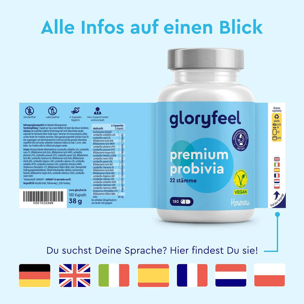 Eine Flasche gloryfeel GmbH Probivia HOWARU® Kapseln mit blauem Etikett, auf dem Produktinfos, Zertifizierungen und Länderflaggen abgebildet sind. Enthält Inulin für die Darmflora und lebende Bakterienstämme zur Unterstützung einer optimalen Darmgesundheit.