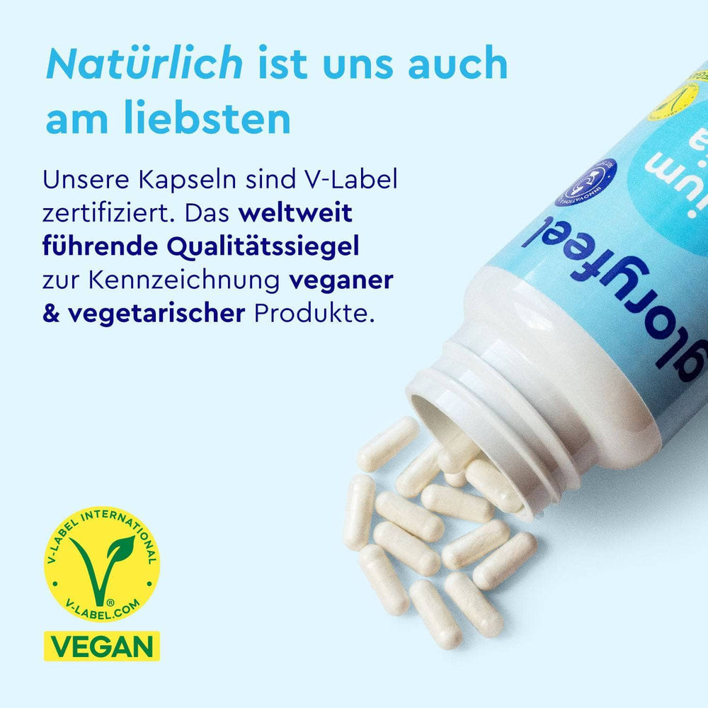 Eine Flasche Probivia HOWARU® Kapseln der gloryfeel GmbH verschüttet weiße Kapseln auf eine blaue Fläche neben deutschem Text über die V-Label-Zertifizierung und die positive Wirkung von lebenden Bakterienstämmen auf die Darmflora.