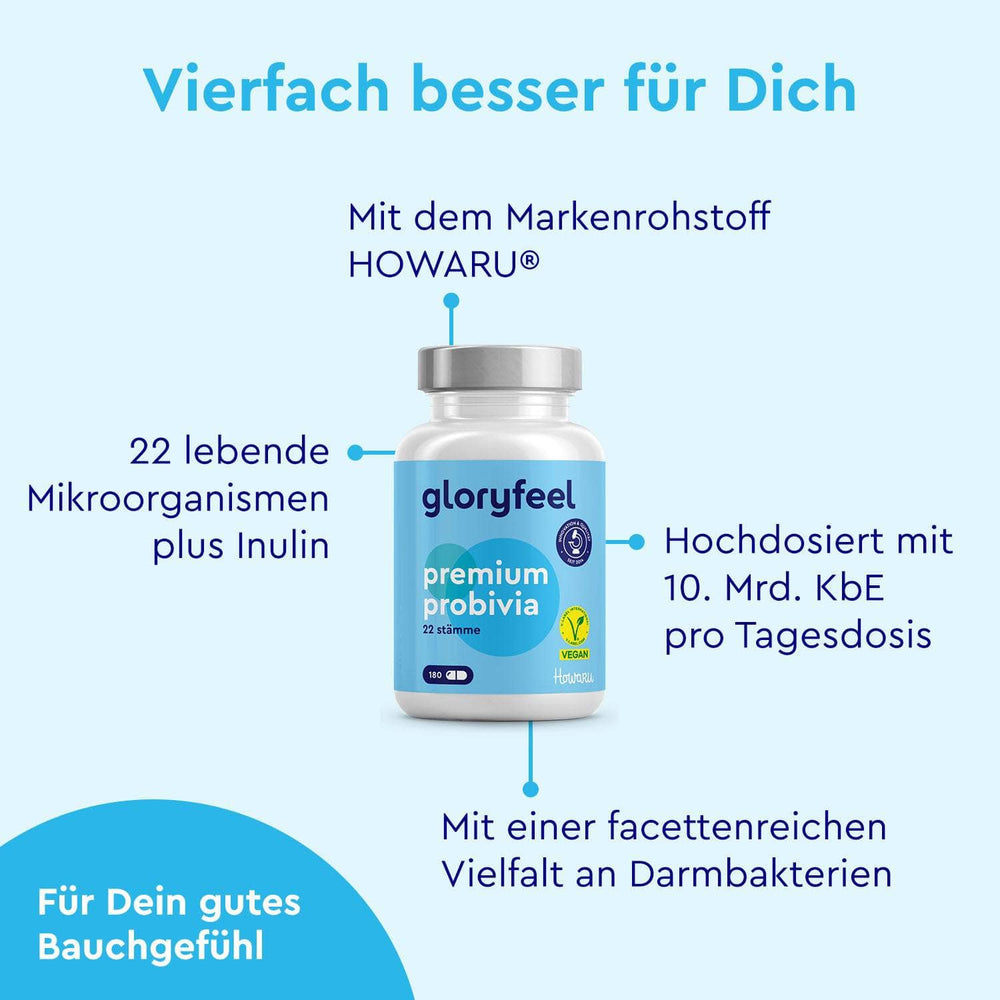 Abgebildet ist eine Flasche Probivia HOWARU® Kapseln der gloryfeel GmbH, die 22 lebende Bakterienstämme plus Inulin, hochdosiert (10 Mrd. KBE), vegan, und Vielfalt zur Unterstützung deiner Darmflora hervorhebt.