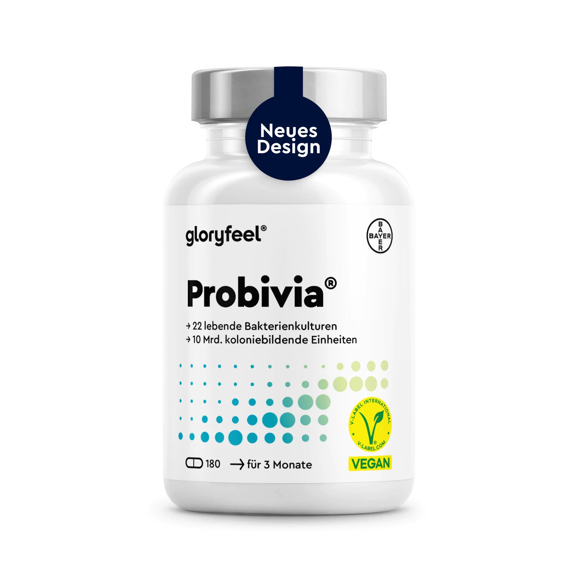 Eine weiße Flasche mit der Aufschrift „Probivia 22 Kapseln“ von GLORYFEEL, die mit deutschen Texten versehen ist und auf dem Deckel den Hinweis „Neues Design“ trägt, enthält 180 vegane Kapseln mit lebenden Bakterienkulturen.